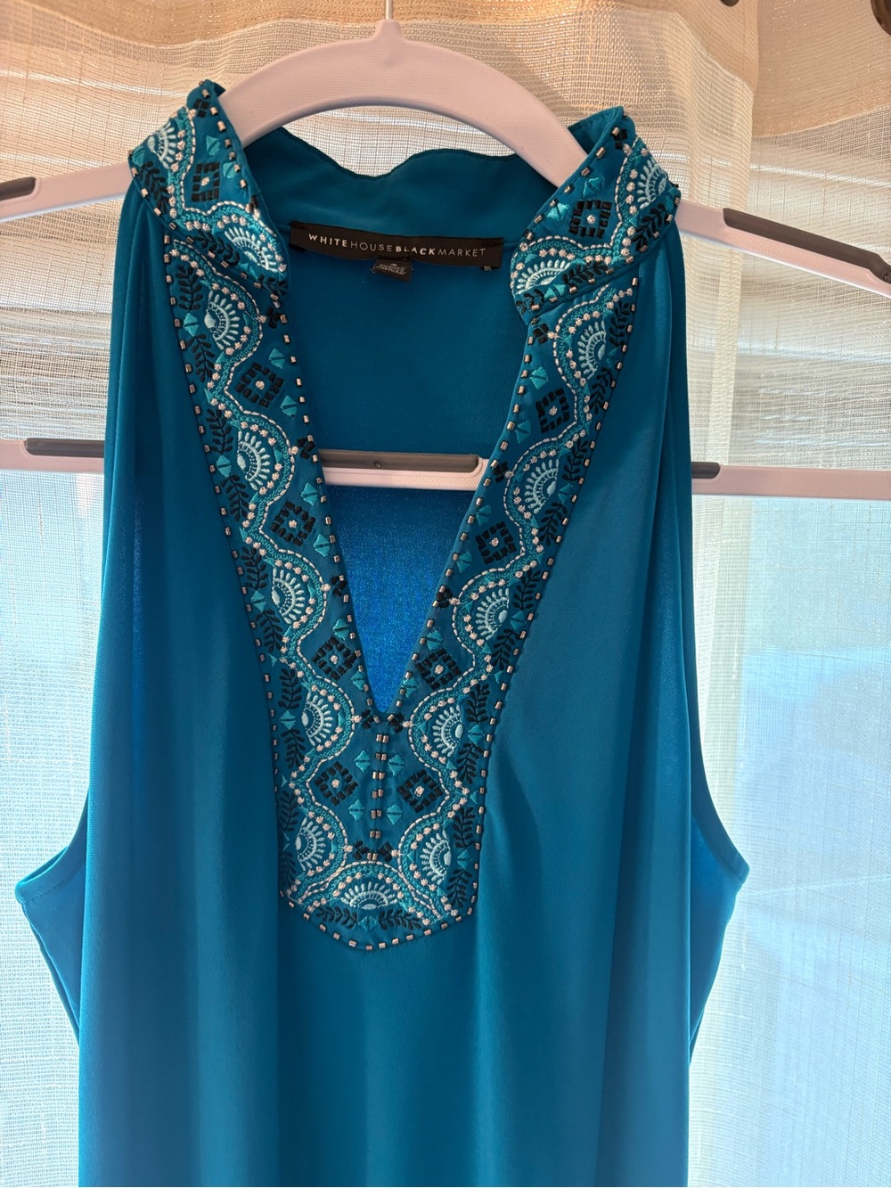 White House Black Market Teal Embellished V-Neck Dress - Picture 4 of 6